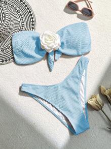 Ladies' Summer Beach 3D Flower Decor Bandeau Sexy Bikini Set - Baby Blue - View 4