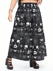 ROMWE Dark Gothic Cosmic Star In Skull Full Váy Chữ A Plus Size Váy, Giảm Béo Và Che Phủ - Đen và trắng - Xem 1