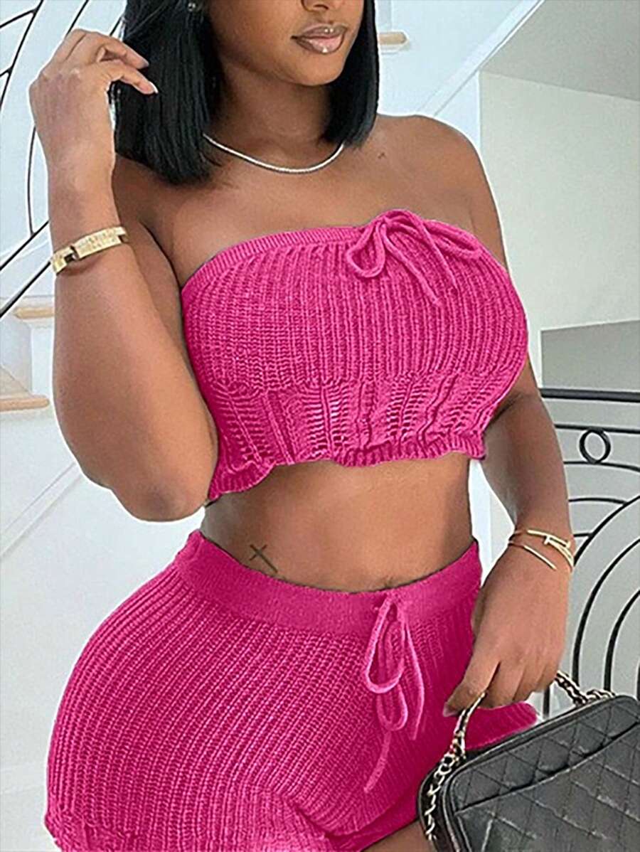 SHEIN Slayr Conjunto de duas peças de suéter tricotado com top bandeau e shorts de cor sólida para lazer de férias feminino