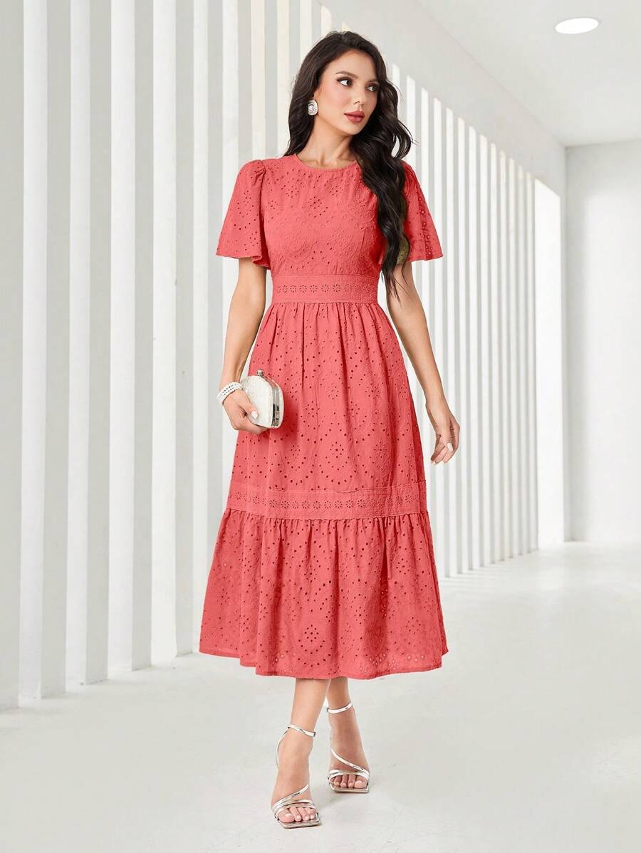 Modelyn Vestido largo elegante de mujer para verano con cuello redondo, volantes y mangas cortas - Rosado Sandía - Ver 1