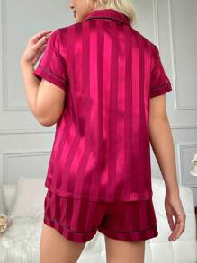 Snug Zone Women's Solid Color Short Sleeve Top With Single Row Button And Shorts, Satin Pajama Set With Trim - Burgundy - View 2