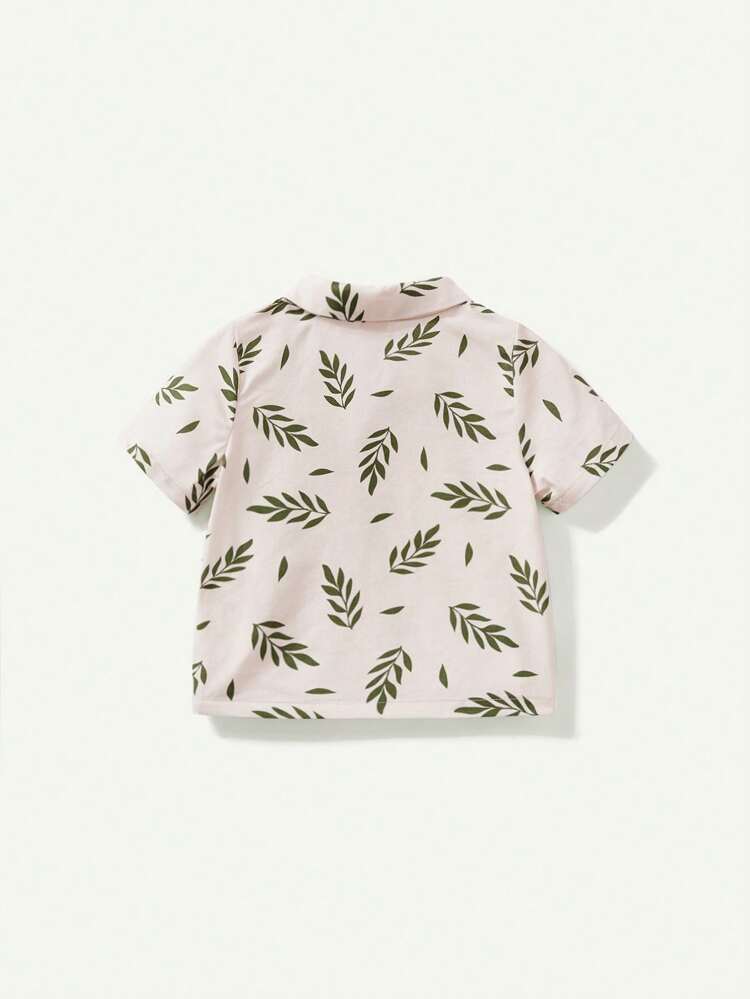 Baby Boy's Casual And Versatile Turn-Down Collar Short Sleeve Cardigan With Plant Pattern Print