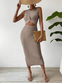 Breezaya Holiday Casual Solid Color Twist Hollow Out Side Slit Sleeveless Sweater Dress - Camel - View 5