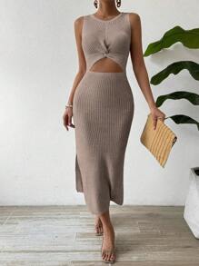 Breezaya Holiday Casual Solid Color Twist Hollow Out Side Slit Sleeveless Sweater Dress - Camel - View 6