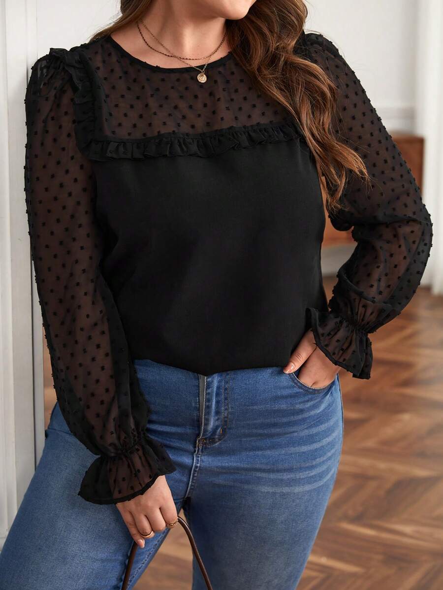 SHEIN Frenchy Plus Size Swiss Polka Dot Patchwork Sheer Shirt With Frill Hem
