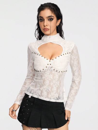 Goth Maglietta da donna trasparente, sexy in stile minimalista con pizzo morbido e schiena scoperta