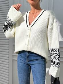 RueChic V Neck Cardigan With Boho Pattern Casual - Apricot - View 2