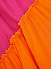 SHEIN 少女加大碼寬鬆休閒泡泡袖拼接彩塊中長款連衣裙，圓領設計