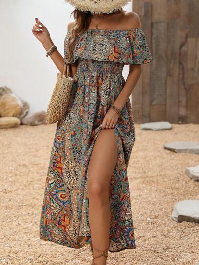 Breezaya Off-Shoulder Ruffled Sleeve High Waist Summer Dress Maxi Vacation Beach Outfits Women