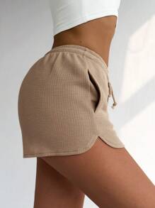 SHEIN EZwear 女款純色束腰休閒夏季短褲 - 卡其色 - 查看 4