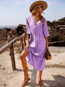 Breezaya 女士復古印花深V領夏季假日休閒連衣裙 - 紫色 - 查看 6