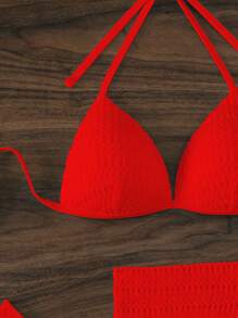 SHEIN Swim Conjunto de bikini con falda de 3 piezas de traje de baño con escote halter y color solido sexy para mujer, ideal para verano y playa