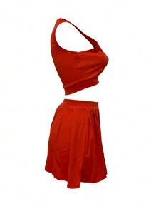 European And American Women's Fashion Sleeveless Round Neck Top With Decorative Buttons And Shorts, Suitable For Commuting And Sexy Outfits - Red - View 3