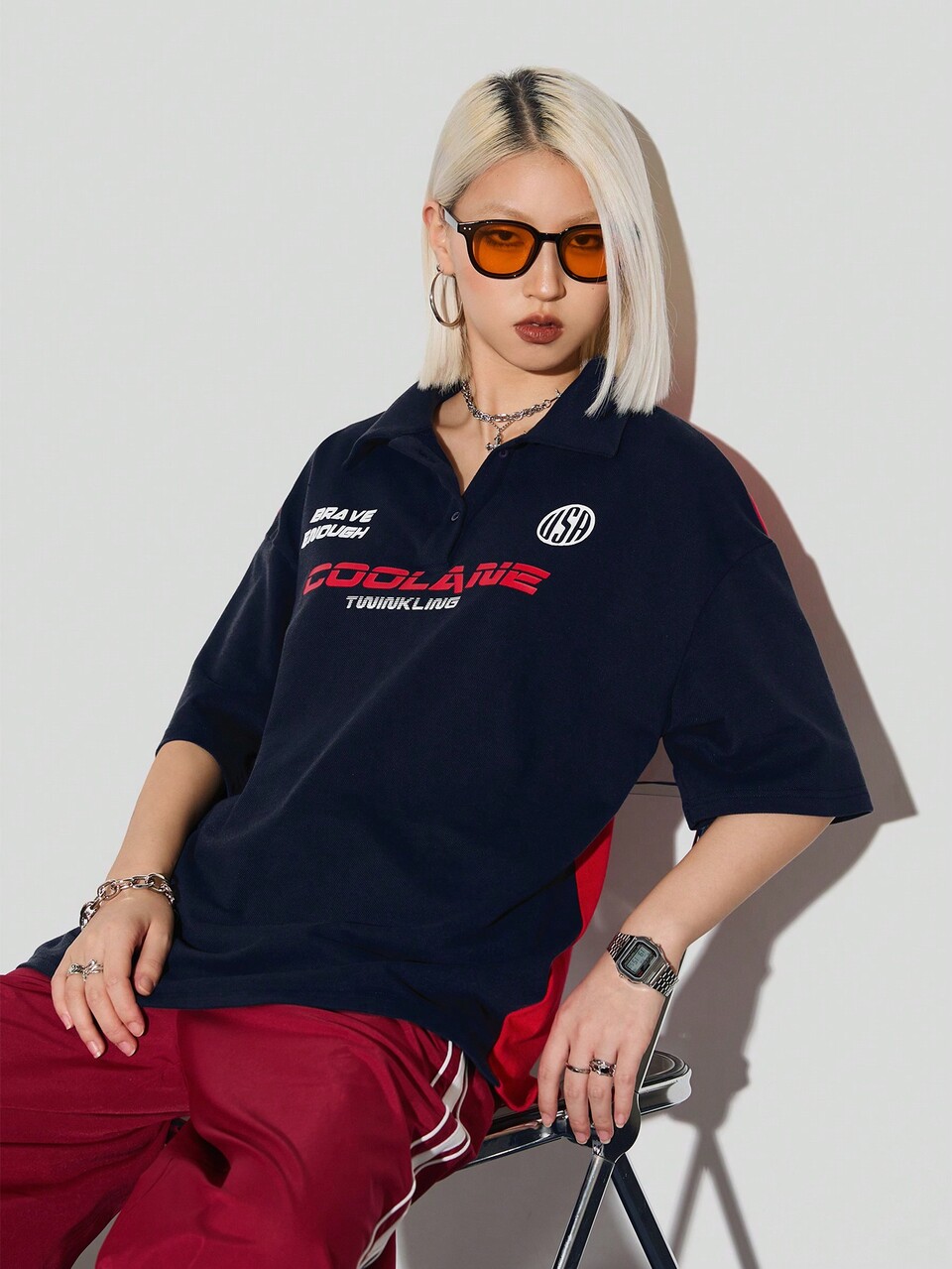 Women's Personalized Street Style Hip Hop Letter & Numeric Printed Two-Tone Polo Shirt