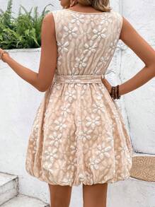 SHEIN LUNE Round Neck Sleeveless Flounce Hem Textured Dress With Smocking Waistline - Apricot - View 2