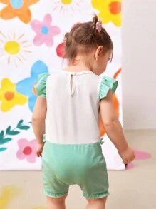 SHEIN Baby Girl Strawberry Embroidered Cap Sleeve Jumpsuit With Ruffled Sleeves, 2024 New Summer Collection, Cute And Comfortable Casual Wear - Mint Green - View 2