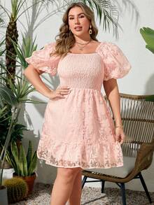 Simplee Women's Plus Size Holiday Gathered Waist Mesh Embroidered Dress - Pink - View 3