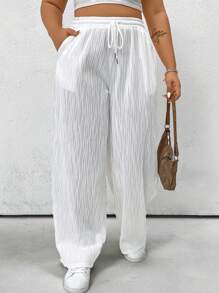 Flirla Plus Size Solid Color Casual Knitted Striped Texture Pants Fall Cloth For Women