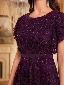 SHEIN Belle Robe à manches volantées plissées, avec ourlet évasé, de couleur unie brillante, pour tenue de fête de vacances. Maxi robe à sequins pour femmes