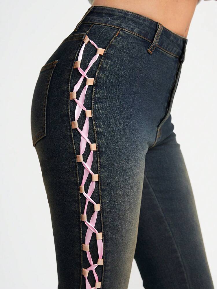 Ladies' Fashion Solid Color Tie Band Jeans