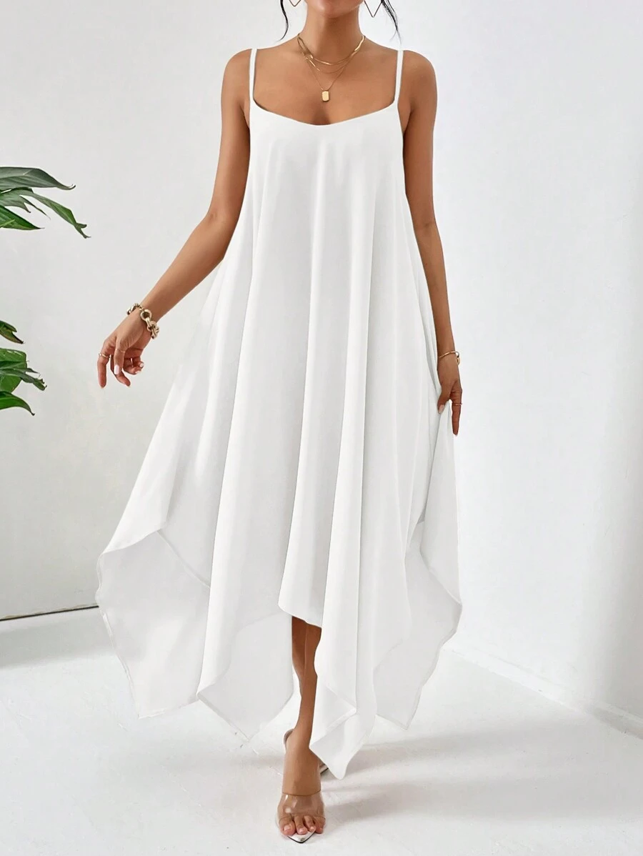 SHEIN Essnce Váy có dây đeo đơn giản màu trơn mùa hè dành cho nữ - trắng - Xem 1