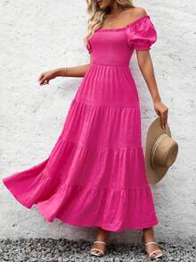 Chiquease Vestido elegante de manga larga con volantes, cuello cuadrado y unicolor para las vacaciones de verano de las mujeres - Rosa Fucsia - Ver 6