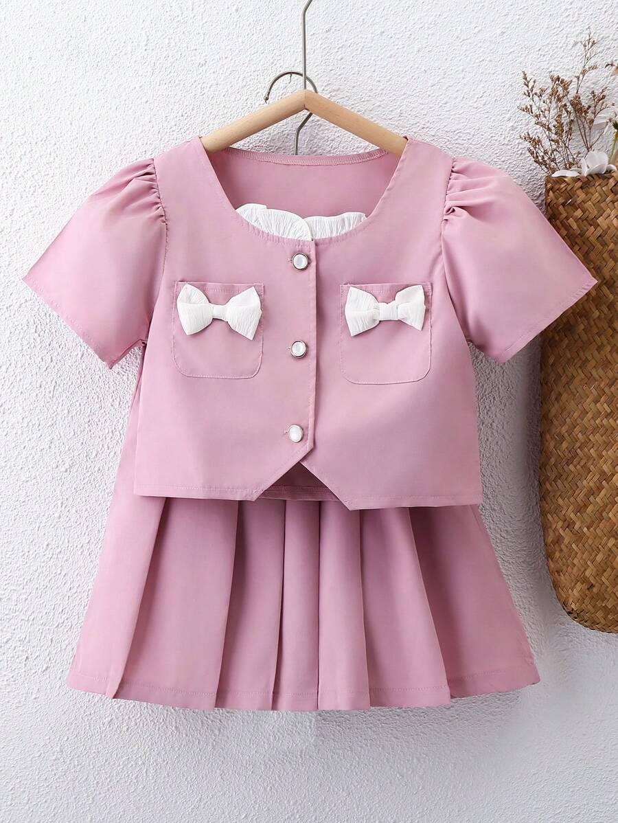 Conjunto de camiseta de niña preadolescente con moño y falda con volantes, femenino y dulce, para primavera/verano