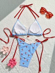 Swim Mod Set Bikini Estivo da spiaggia con stampa di ciliegie, con top con laccetto al collo halter e slip sexi per le donne