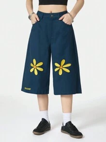 SHEIN EZwear Women's Spring/Summer Casual Floral Embroidery Wide Leg Pants - Navy Blue - View 4