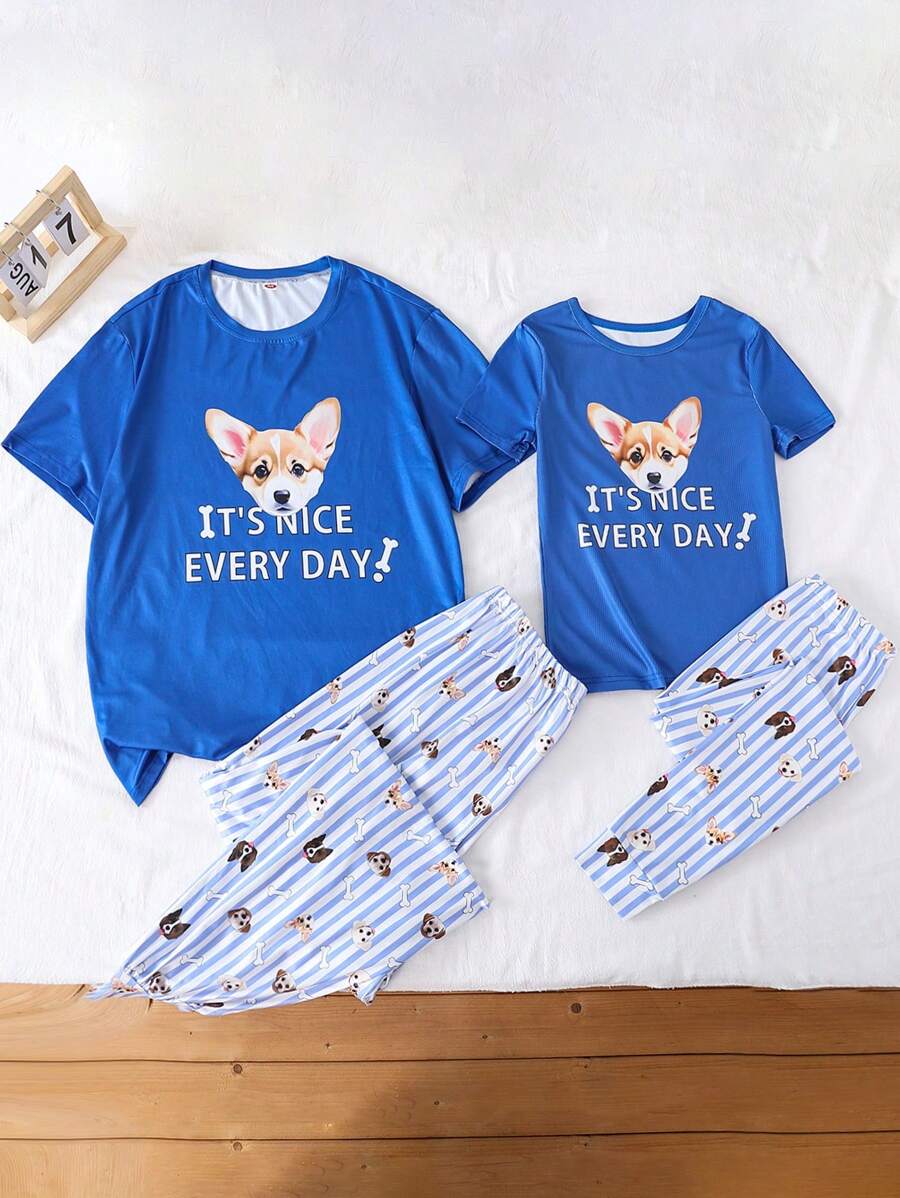 男士狗印花短袖T恤和長褲休閒家居套裝 - 藍色 - 查看 1