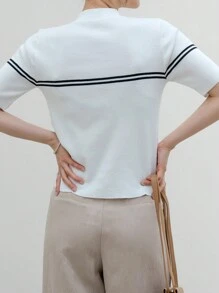 Dazy-Less Women's Zipper Half Placket Striped Short Sleeve Business Casual Knit Top Old Money Style - White - View 5