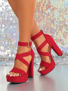 女士时尚高跟凉鞋，带扣设计，性感尖头粗跟防水厚底正装凉鞋，适合 2024 年春夏，大码，红色 - 紅色 - 查看 4