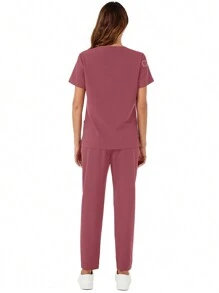 V-Neck Pocket Short Sleeve Top And Pocket Pants Scrub Uniform Set