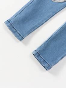 Young Girl Fashionable Sweetheart Contrast Sequin Heart Pattern Jeans