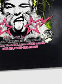 ROMWE MEN Street Life Men's Spray-Paint Donkey Print Short Sleeve T-Shirt, Everyday Wear, Spring And Summer - Black - View 3