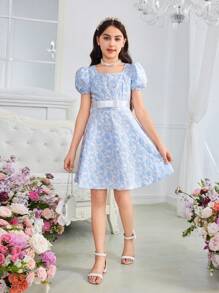 SHEIN Tween Girl Retro Puff Sleeve Square Neckline Dress With Bow Decoration And A-Line Hem - Blue - View 5