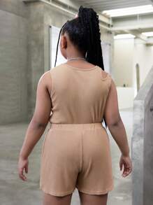 SHEIN Body pentru fete Tween, mărime extinsă, din tricot, de culoare solidă, cu pantaloni scurți din tricot largi 2 buc/Set ținută casual