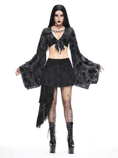 Goth Jupe asymétrique pour femme avec design de toile d'araignée et fleur 3D