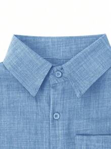 男士休闲纯色单排扣短袖衬衫，夏季 - 藍色 - 查看 4