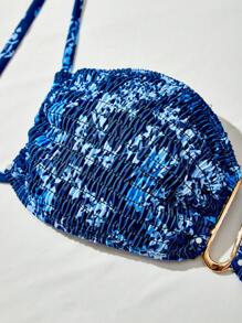 SHEIN Swim 女性小花卉Halter中空性感比基尼套裝，適用於夏季沙灘 - 藏蓝色 - 查看 6