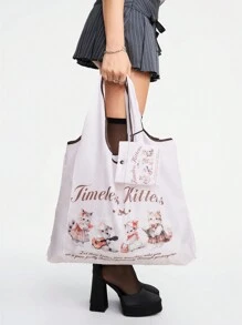 ROMWE Kawaii 2 件可爱猫咪卡通设计收纳袋大容量便携式可折叠购物手提袋带零钱包 848303