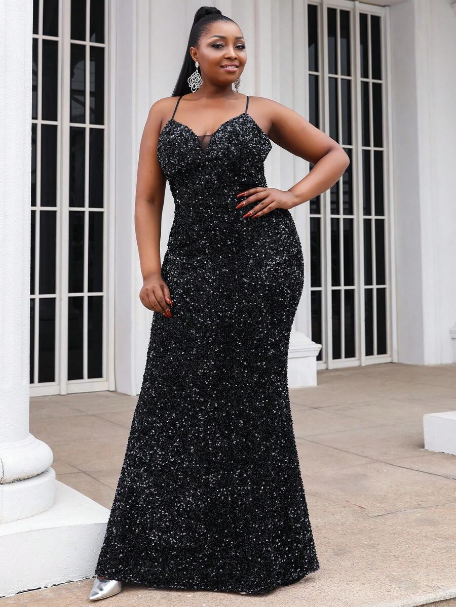 seomiscky Plus Sequins Prom Dress - Black - View 1