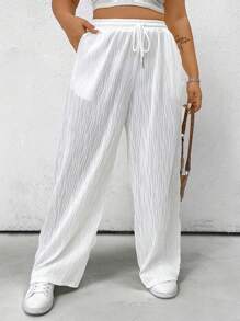 Flirla Plus Size Solid Color Casual Knitted Striped Texture Pants Fall Cloth For Women