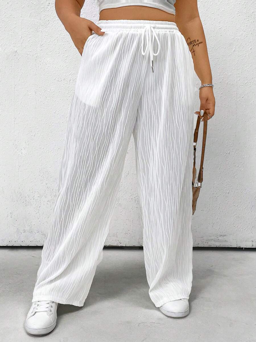 Flirla Plus Size Solid Color Casual Knitted Striped Texture Pants Fall Cloth For Women