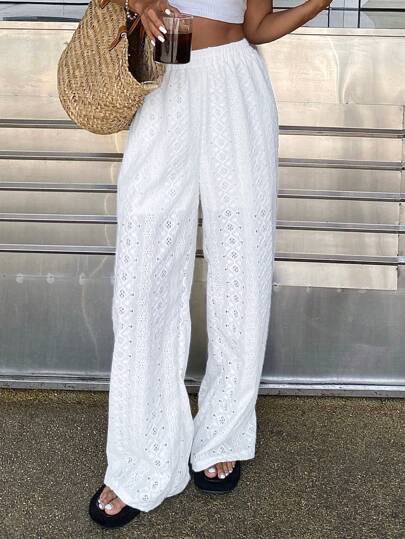Livesso 女士纯色镂空刺绣休闲松紧腰长裤夏季