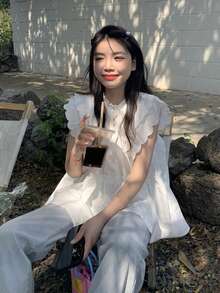 夏季女士荷叶袖衬衫，时尚甜美上衣，独特设计，完美可作外穿或内衣休闲穿着 - 白色 - 查看 3