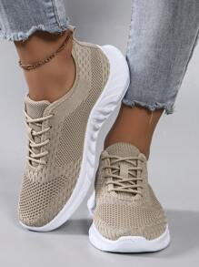 STEPREACH 秋冬女士休闲运动鞋网面运动鞋透气舒适轻便系带纯色粉色亮面防滑耐磨 - 卡其色 - 查看 4