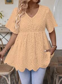 SHEIN LUNE Plus Size Summer Short Sleeve Hollow Out Embroidered V-Neck Shirt - Apricot - View 1