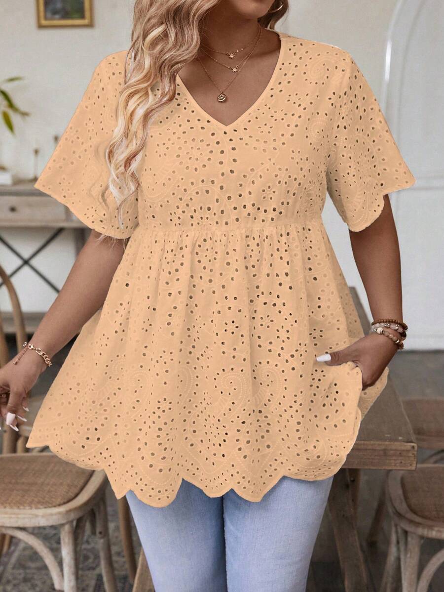 SHEIN LUNE Plus Size Summer Short Sleeve Hollow Out Embroidered V-Neck Shirt - Apricot - View 1