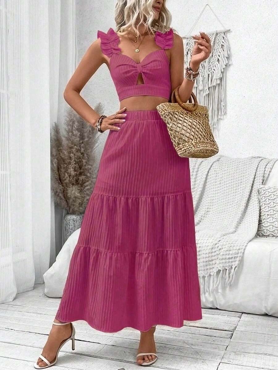 Breezaya Jednokolorowy top bez rękawów z dekoltem w kształcie serca i spódnicą z falbaną na dole, letni, swobodny, dwuczęściowy zestaw - Czerwony - Zobacz 1